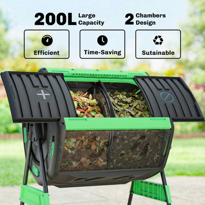 200L Compost Bin, Dual Chamber Rotating Tumbling Composter