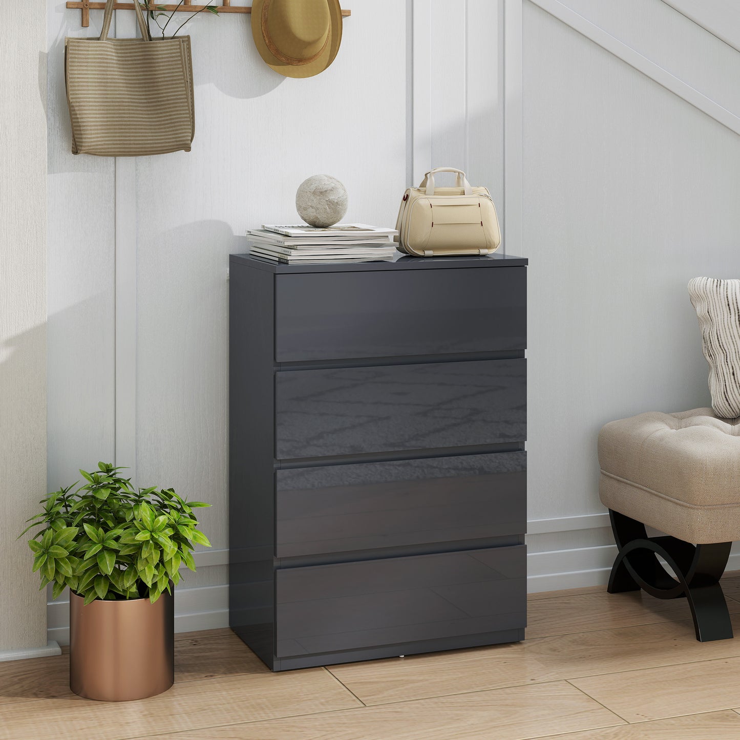 Bedroom Chest of Drawers, High Gloss 4 Drawers Dresser, Grey