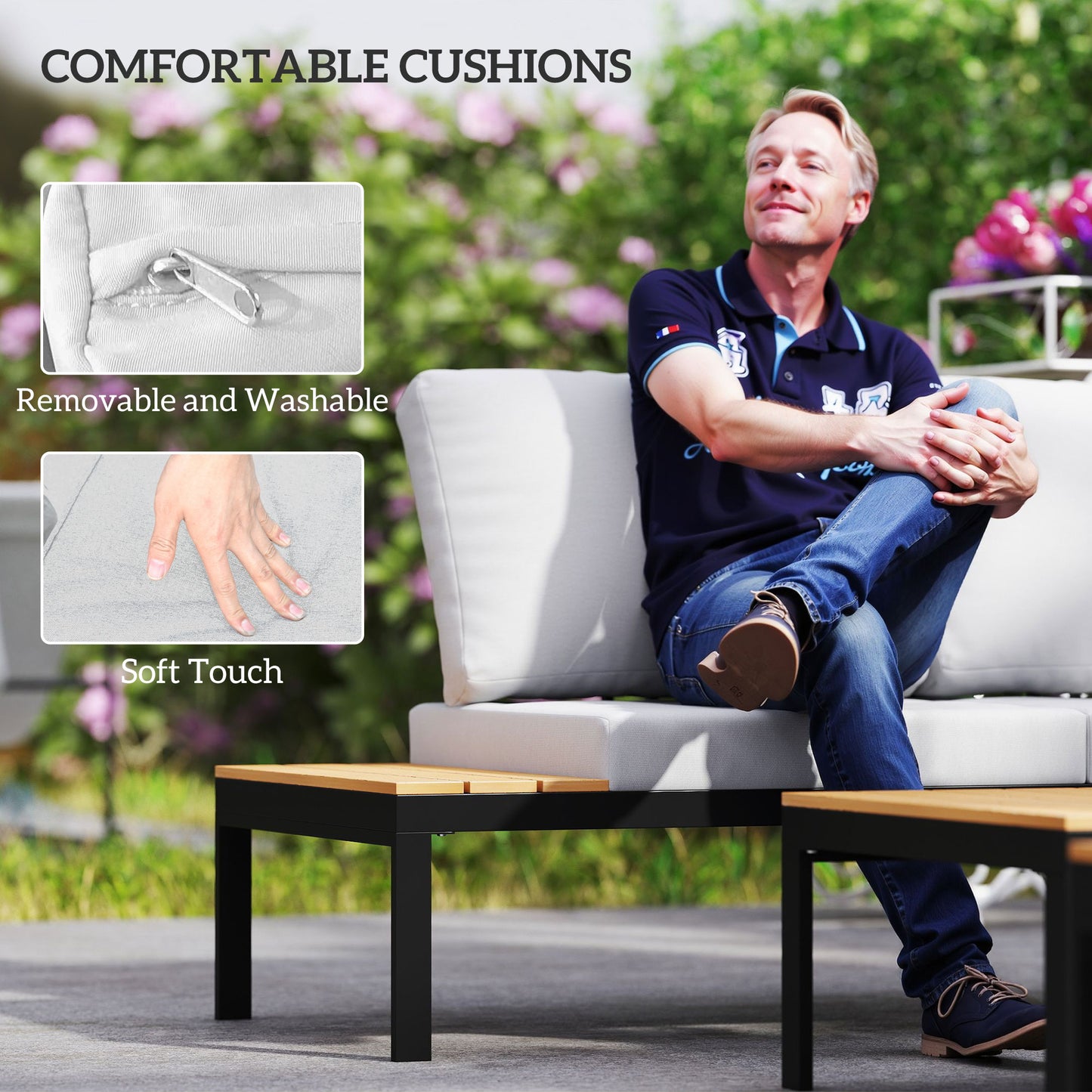 4 Seater Garden Corner Sofa Set with Removable Thick Cushions Teak