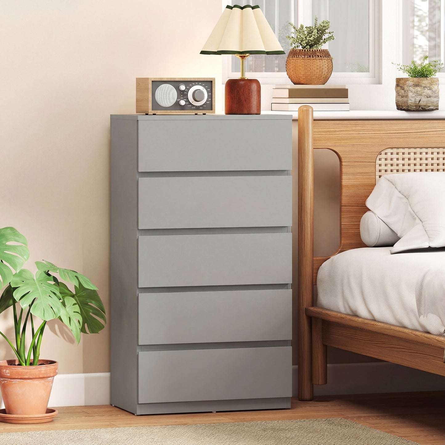 Bedroom Chest of Drawers, 5 Drawers Dresser, Drawer Unit, Grey