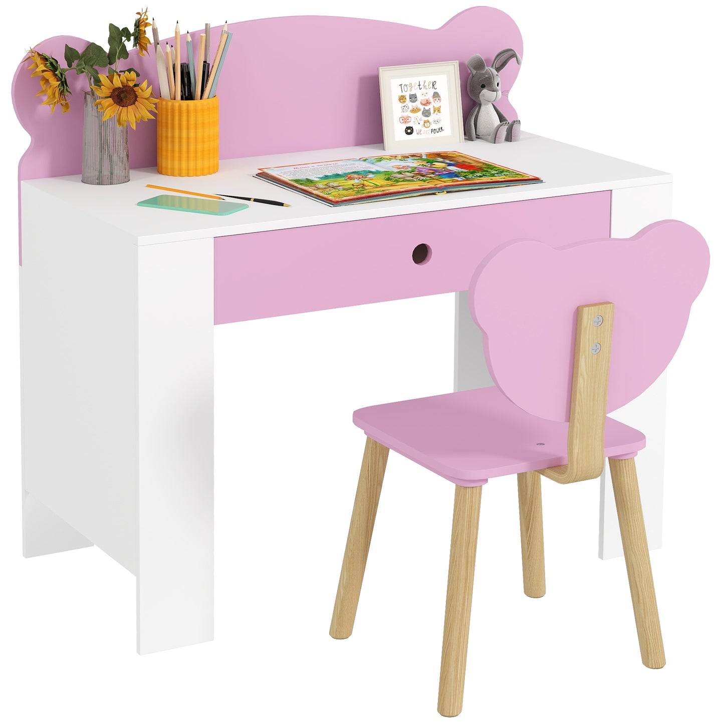 Kids Desk and Chair Set, Children Writing Table with Drawer, Pink