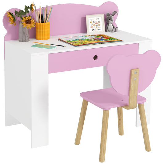 Kids Desk and Chair Set, Children Writing Table with Drawer, Pink