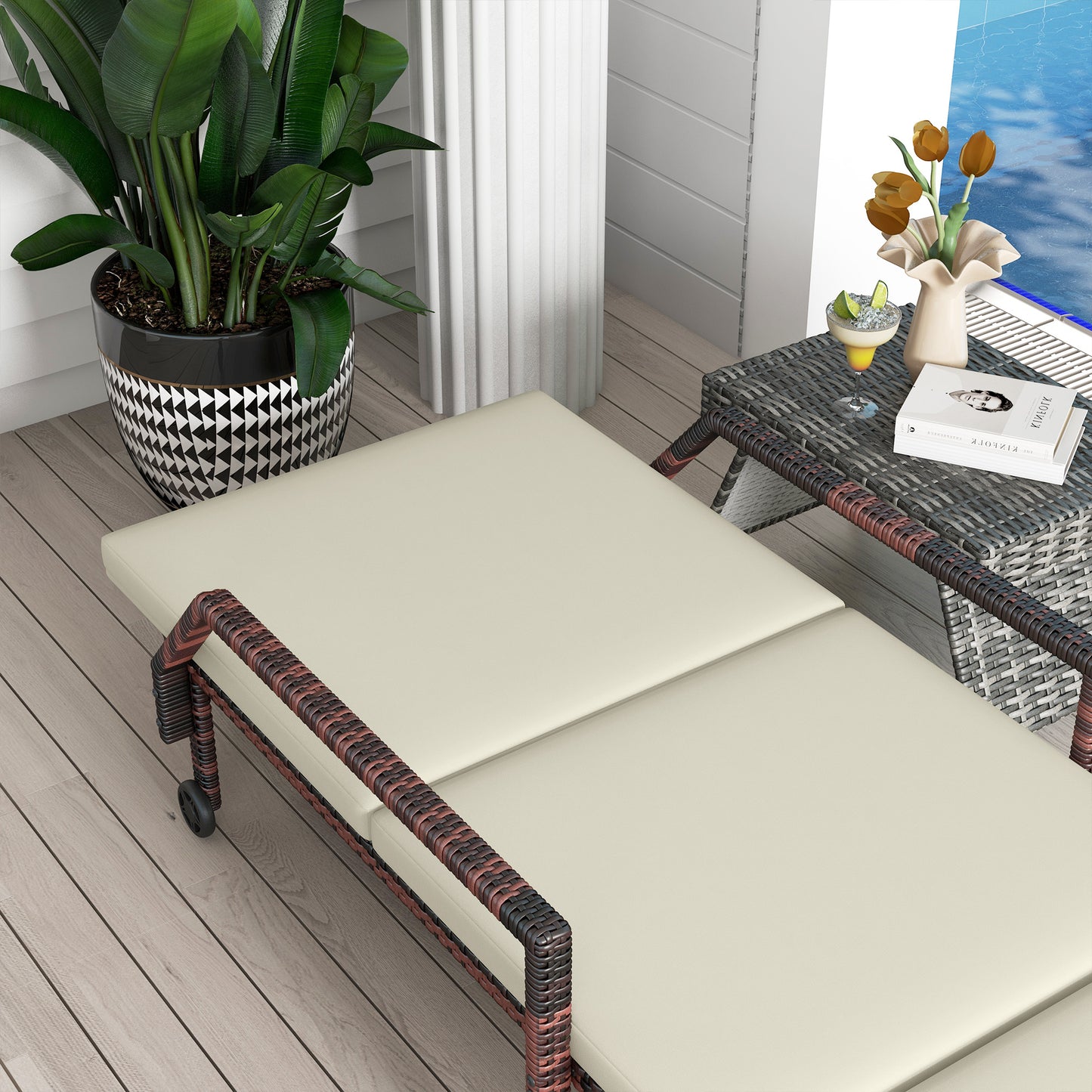 Outdoor Sun Lounger, Rattan Wicker Chaise Lounger with 5-Level Adjustable Backrest and 2 Wheels