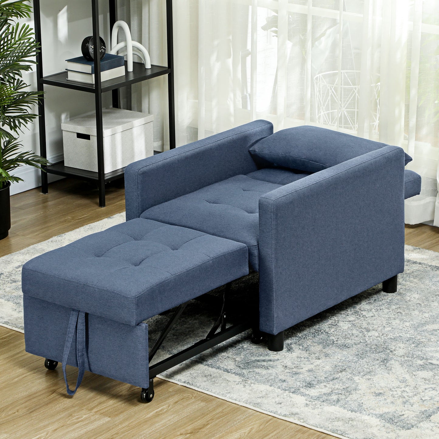 Convertible Single Chair Bed with Upholstered Fabric, Blue
