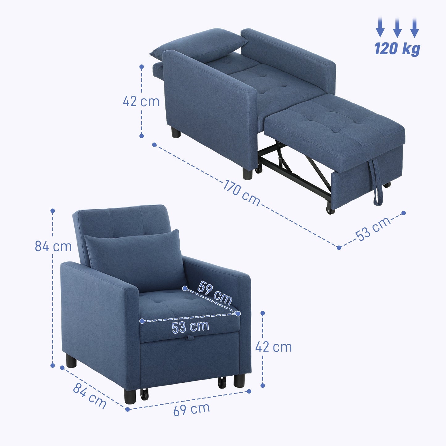 Convertible Single Chair Bed with Upholstered Fabric, Blue