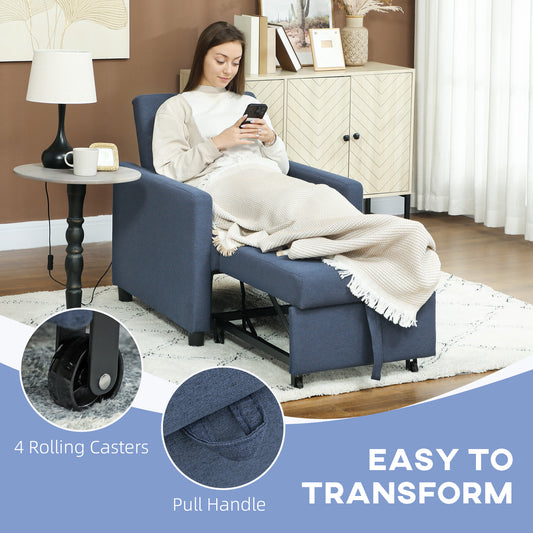 Convertible Single Chair Bed with Upholstered Fabric, Blue