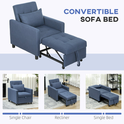 Convertible Single Chair Bed with Upholstered Fabric, Blue