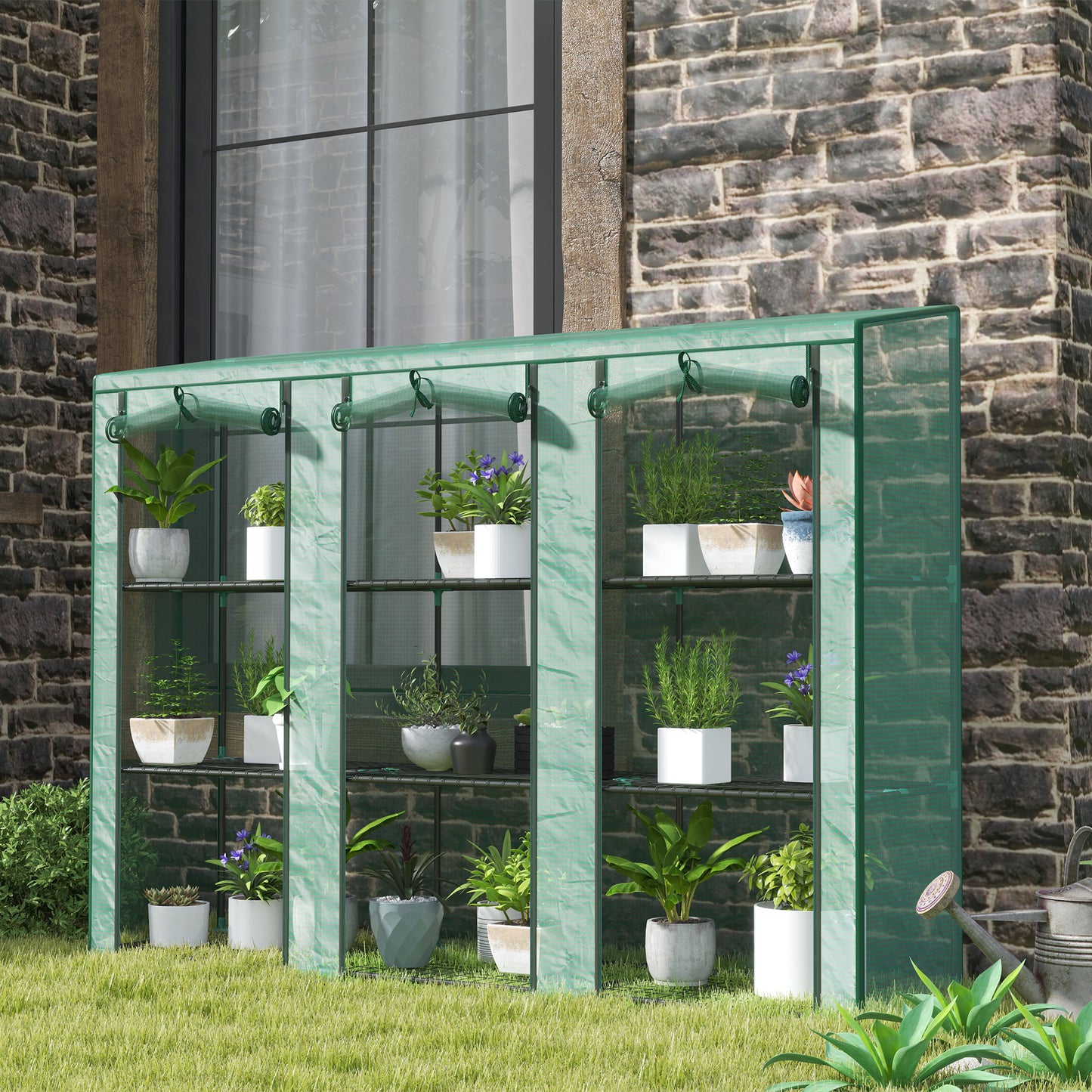 3 Tier Lean-to Mini Greenhouse with Reinforced PE Cover, Portable Indoor Outdoor Green House with 3 Roll-up Doors and 9 Wire Shelves, 151H x 215W x 46D cm, Green