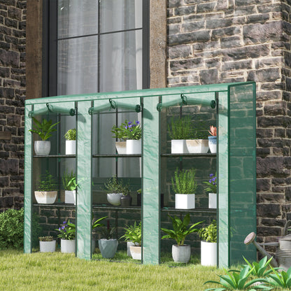 3 Tier Lean-to Mini Greenhouse with Reinforced PE Cover, Portable Indoor Outdoor Green House with 3 Roll-up Doors and 9 Wire Shelves, 151H x 215W x 46D cm, Green