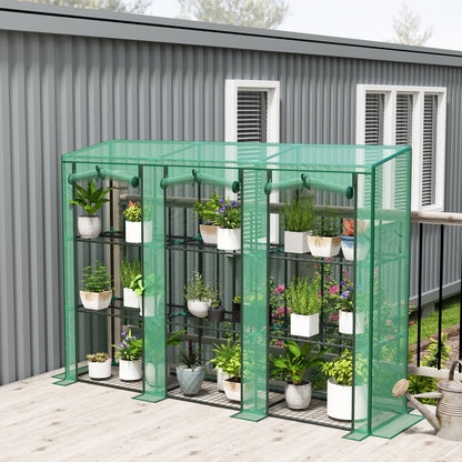 3 Tier Lean-to Mini Greenhouse with Reinforced PE Cover, Portable Indoor Outdoor Green House with 3 Roll-up Doors and 9 Wire Shelves, 151H x 215W x 46D cm, Green