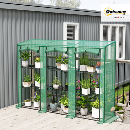 3 Tier Lean-to Mini Greenhouse with Reinforced PE Cover, Portable Indoor Outdoor Green House with 3 Roll-up Doors and 9 Wire Shelves, 151H x 215W x 46D cm, Green