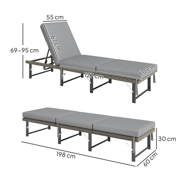 Folding Rattan Sun Lounger with Adjustable Back, Cushion, Grey