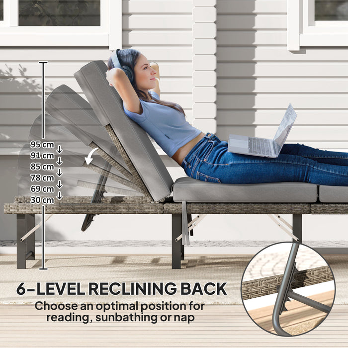 Folding Rattan Sun Lounger with Adjustable Back, Cushion, Grey