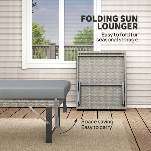 Folding Rattan Sun Lounger with Adjustable Back, Cushion, Grey