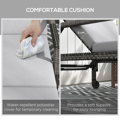 Outdoor Sun Lounger, Rattan Wicker Chaise Reclining with 5-Level Adjustable Backrest and 2 Wheels