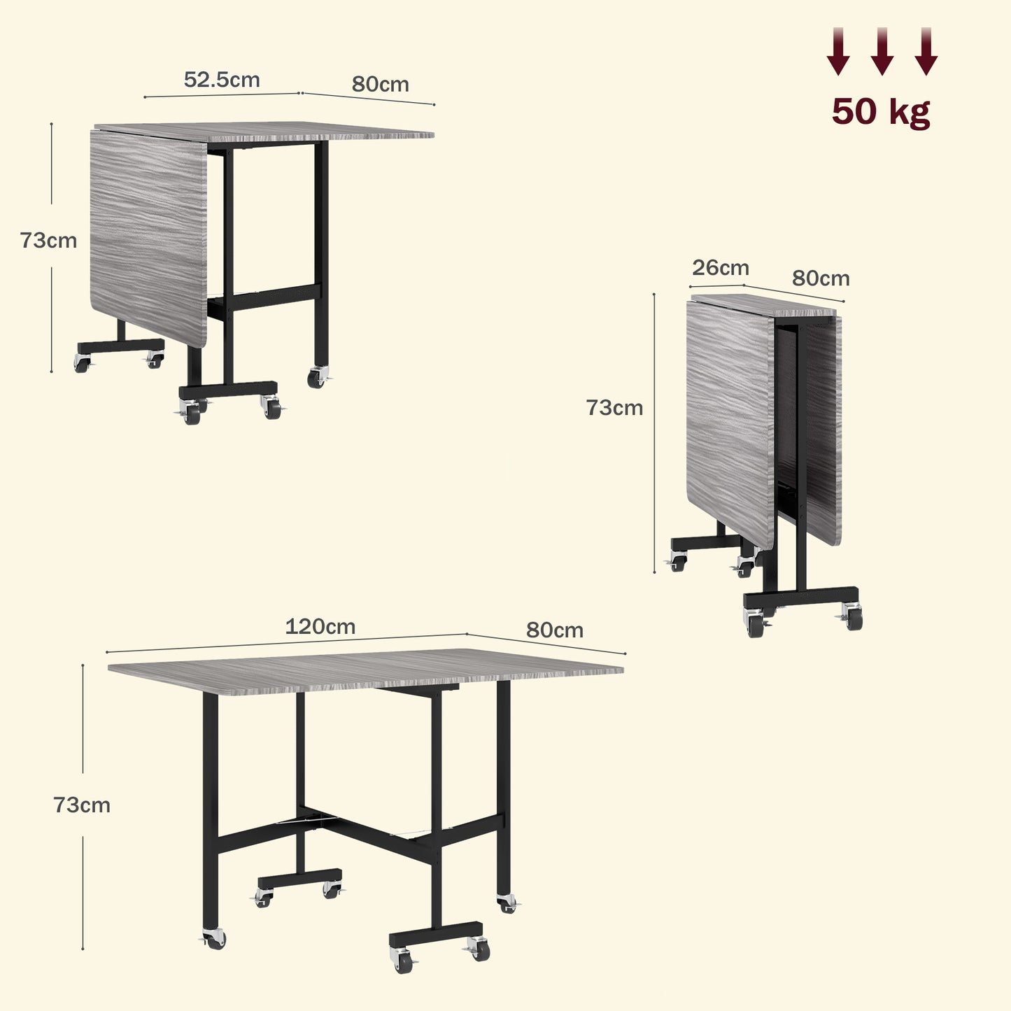 Mobile Drop Leaf Table, Folding Kitchen Table with 6 Wheels, Grey