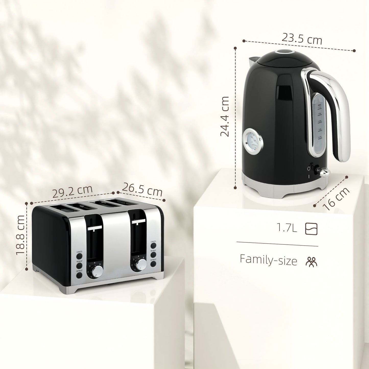 3000W 1.7L Kettle with Retro Thermometer, 4 Slice Toaster Set, Black