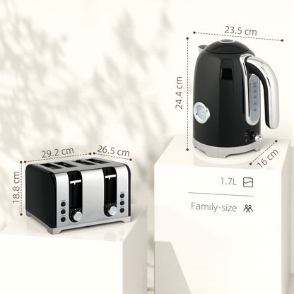 3000W 1.7L Kettle with Retro Thermometer, 4 Slice Toaster Set, Black