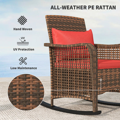 Rattan Garden Rocking Chair w/ Seat and Back Cushions, Red