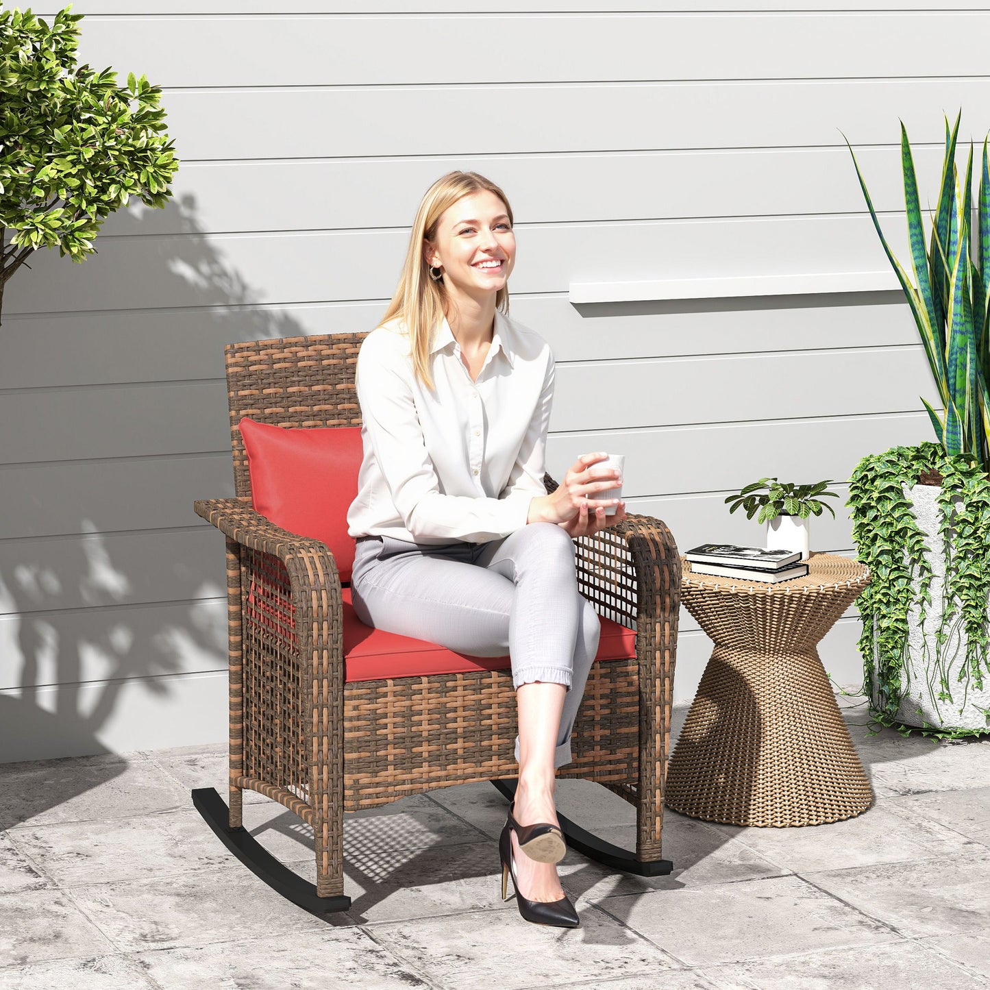 Rattan Garden Rocking Chair w/ Seat and Back Cushions, Red