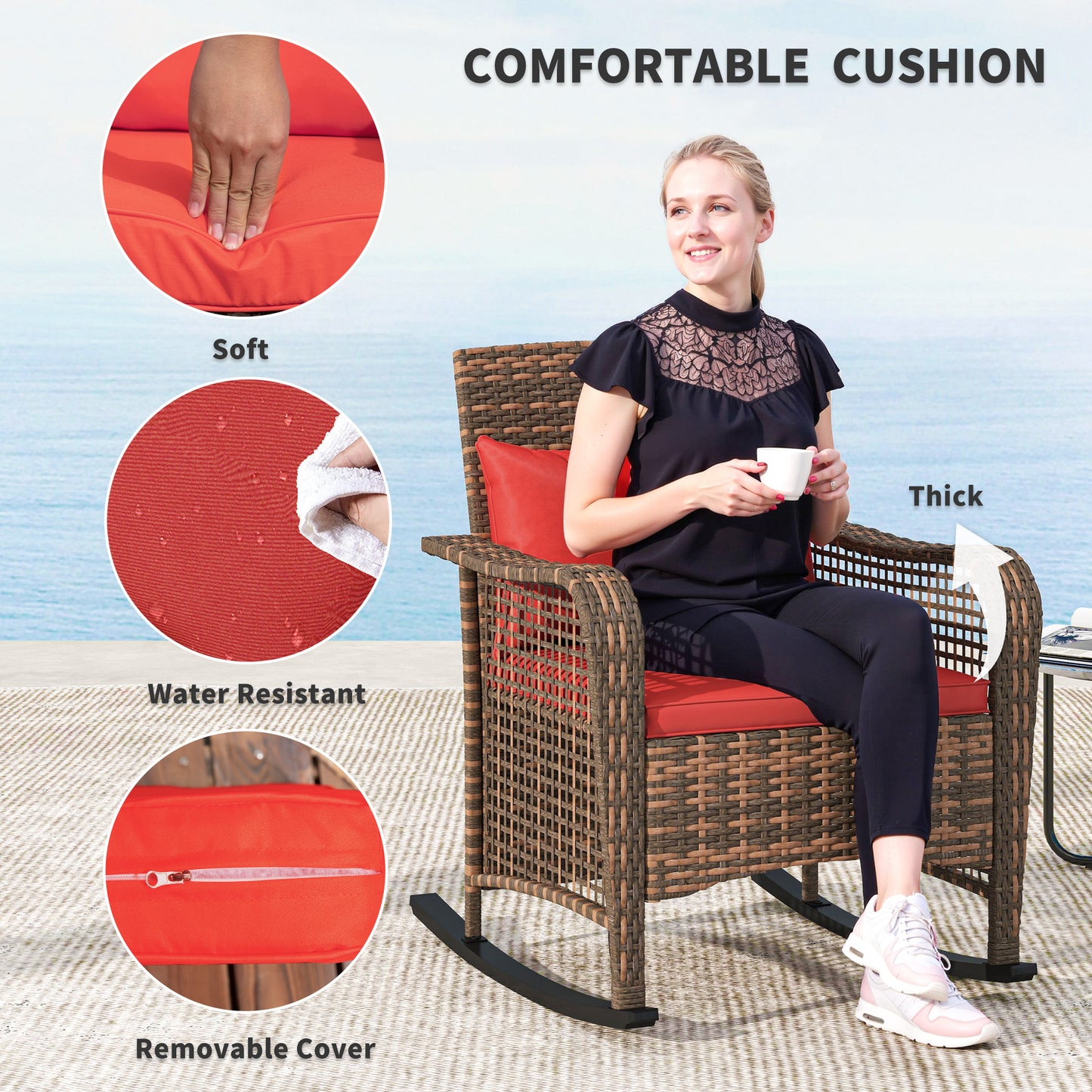 Rattan Garden Rocking Chair w/ Seat and Back Cushions, Red