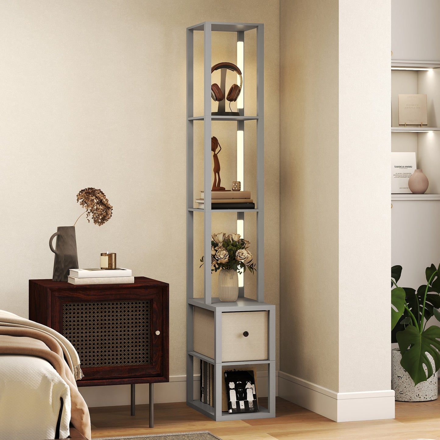 Floor Lamp with Shelves, LED Standing Lamp with Fabric Drawer, Grey