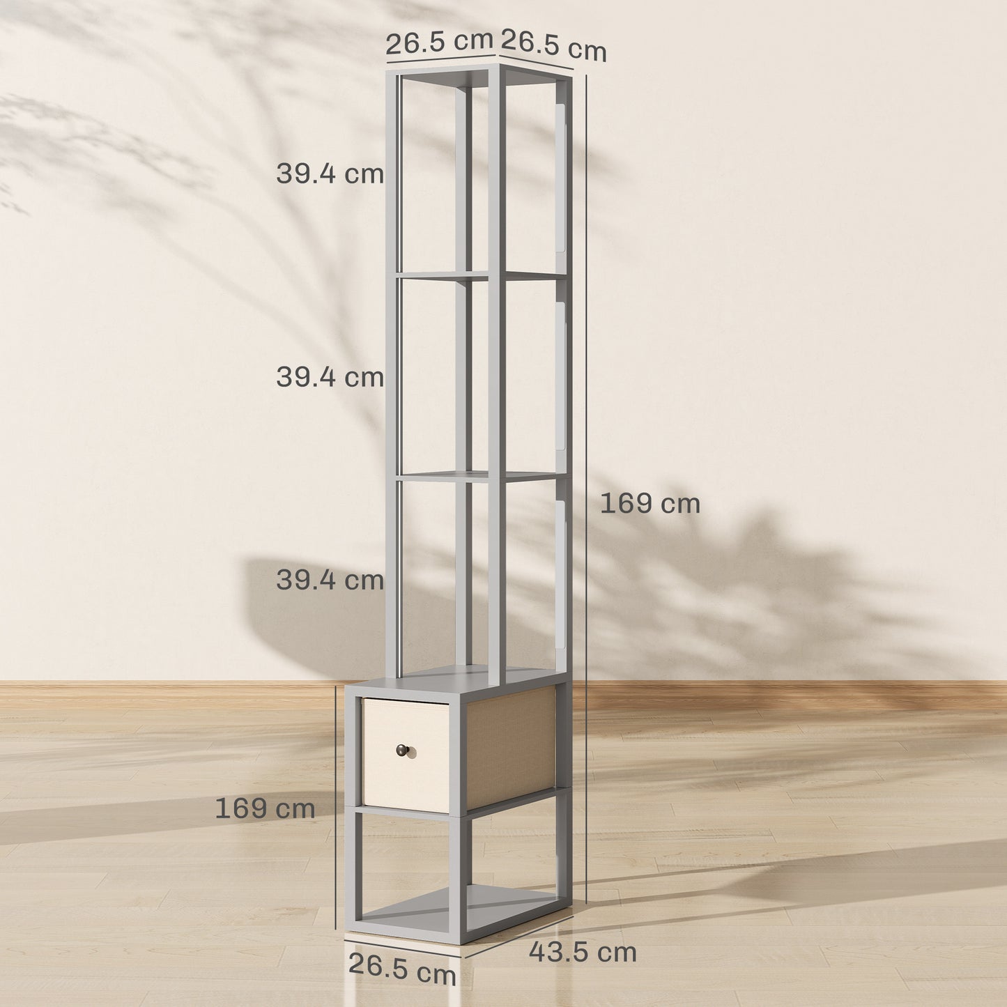 Floor Lamp with Shelves, LED Standing Lamp with Fabric Drawer, Grey