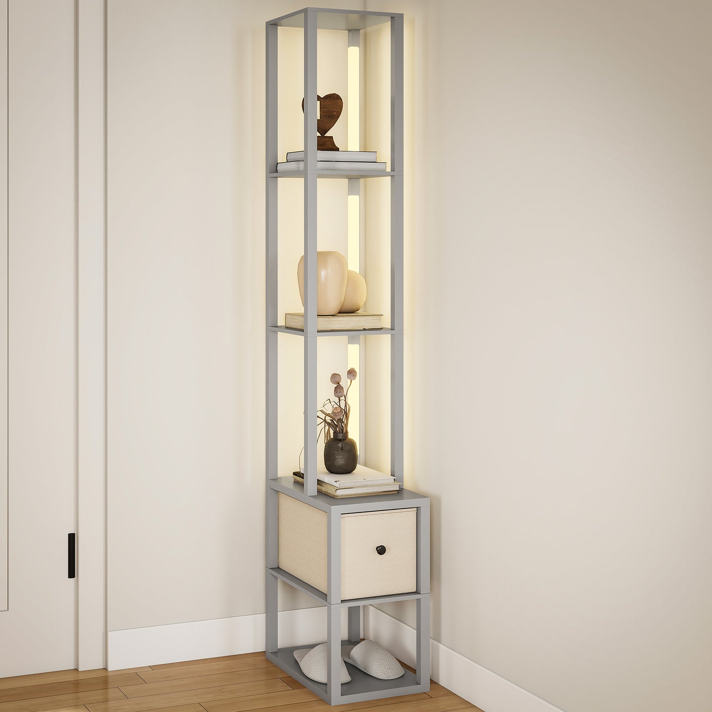 Floor Lamp with Shelves, LED Standing Lamp with Fabric Drawer, Grey