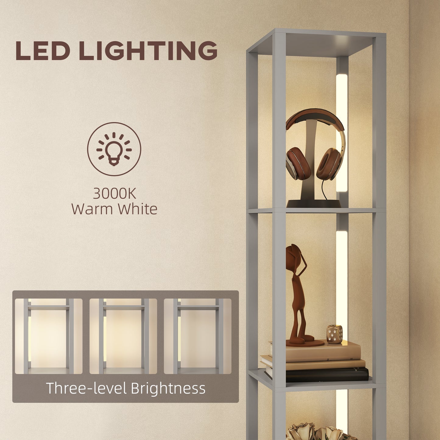 Floor Lamp with Shelves, LED Standing Lamp with Fabric Drawer, Grey