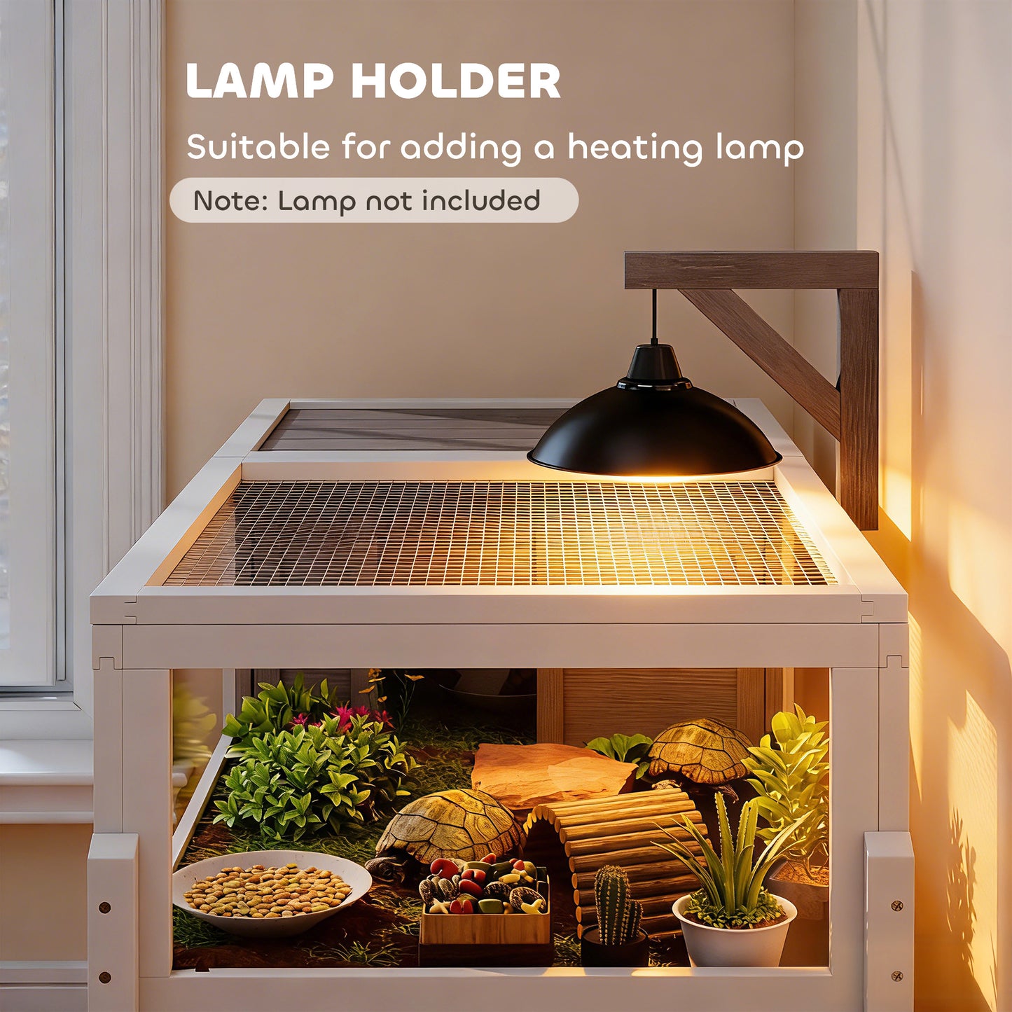 Tortoise Cage, Wooden Tortoise House Indoor with Dual-Zone Habitat, Clear Panels, Lamp Holder, Pull-Out Tray, Openable Top, Reptile Cage for Tortoises, Snake, Lizard, Grey