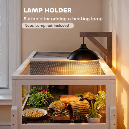 Tortoise Cage, Wooden Tortoise House Indoor with Dual-Zone Habitat, Clear Panels, Lamp Holder, Pull-Out Tray, Openable Top, Reptile Cage for Tortoises, Snake, Lizard, Grey