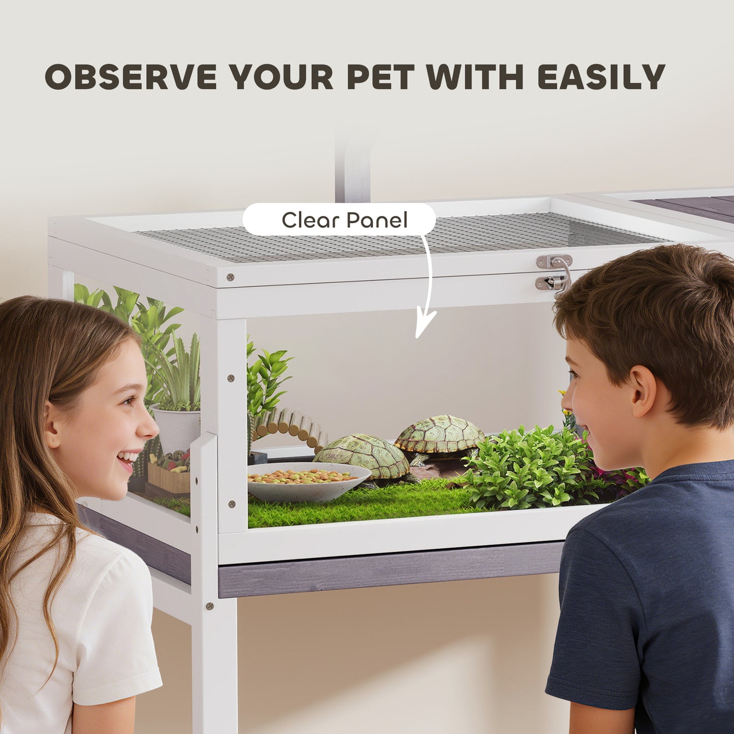 Tortoise Cage, Wooden Tortoise House Indoor with Dual-Zone Habitat, Clear Panels, Lamp Holder, Pull-Out Tray, Openable Top, Reptile Cage for Tortoises, Snake, Lizard, Grey