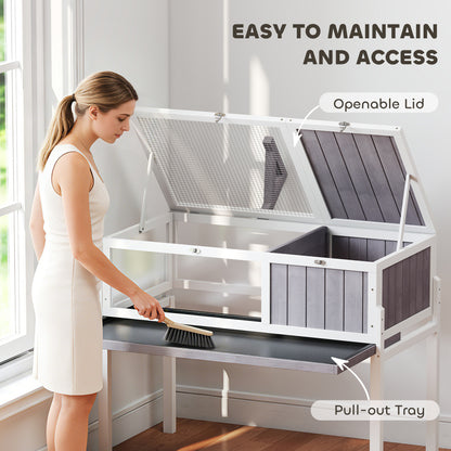 Tortoise Cage, Wooden Tortoise House Indoor with Dual-Zone Habitat, Clear Panels, Lamp Holder, Pull-Out Tray, Openable Top, Reptile Cage for Tortoises, Snake, Lizard, Grey