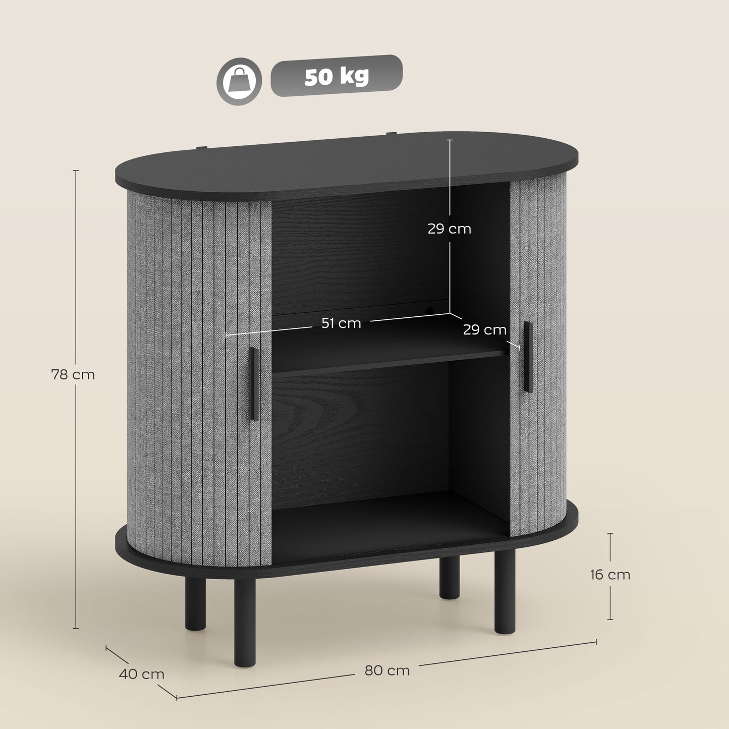 Modern Sideboard with 2 Sliding Doors Tambour Kitchen Cupboard Grey