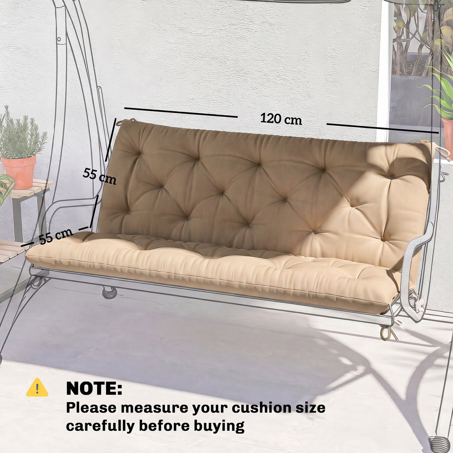 Garden Bench Cushion, Seat Pad with Ties, Khaki