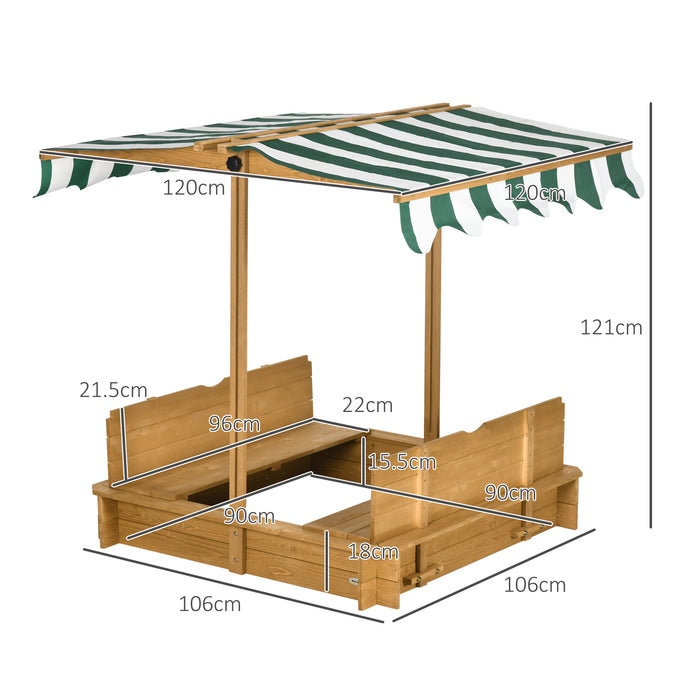 Wooden Sandpit with Adjustable Canopy Brown