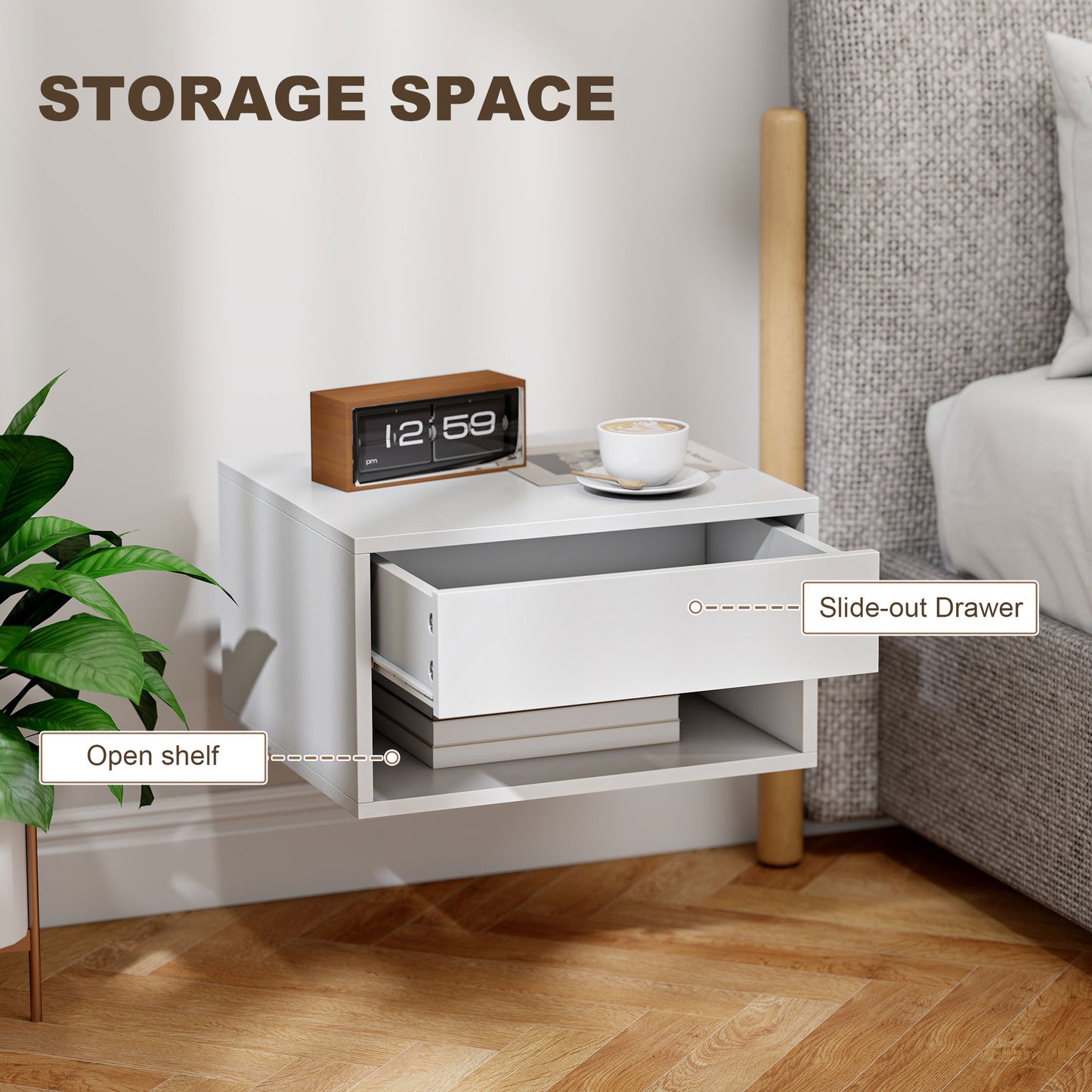 Floating Nightstands Set of 2, Bedside Table w/ Drawer and Open Shelf