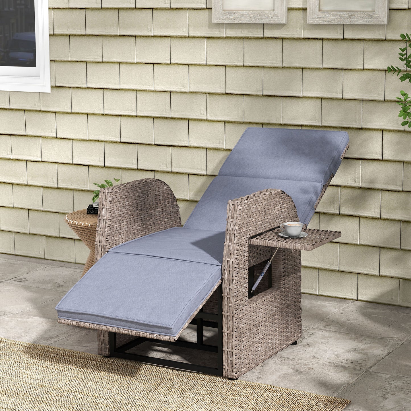 Outdoor PE Rattan Leisure Chair with Cushion, Hand-Woven PE Rattan Recliner Garden Chair with Adjustable Back and Footrest, Patio Deck Chair with Side Table, Brown