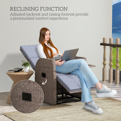 Outdoor PE Rattan Leisure Chair with Cushion, Hand-Woven PE Rattan Recliner Garden Chair with Adjustable Back and Footrest, Patio Deck Chair with Side Table, Brown