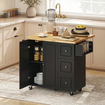 Rolling Kitchen Island, Kitchen Storage Trolley w/ Drop Leaf, Drawers