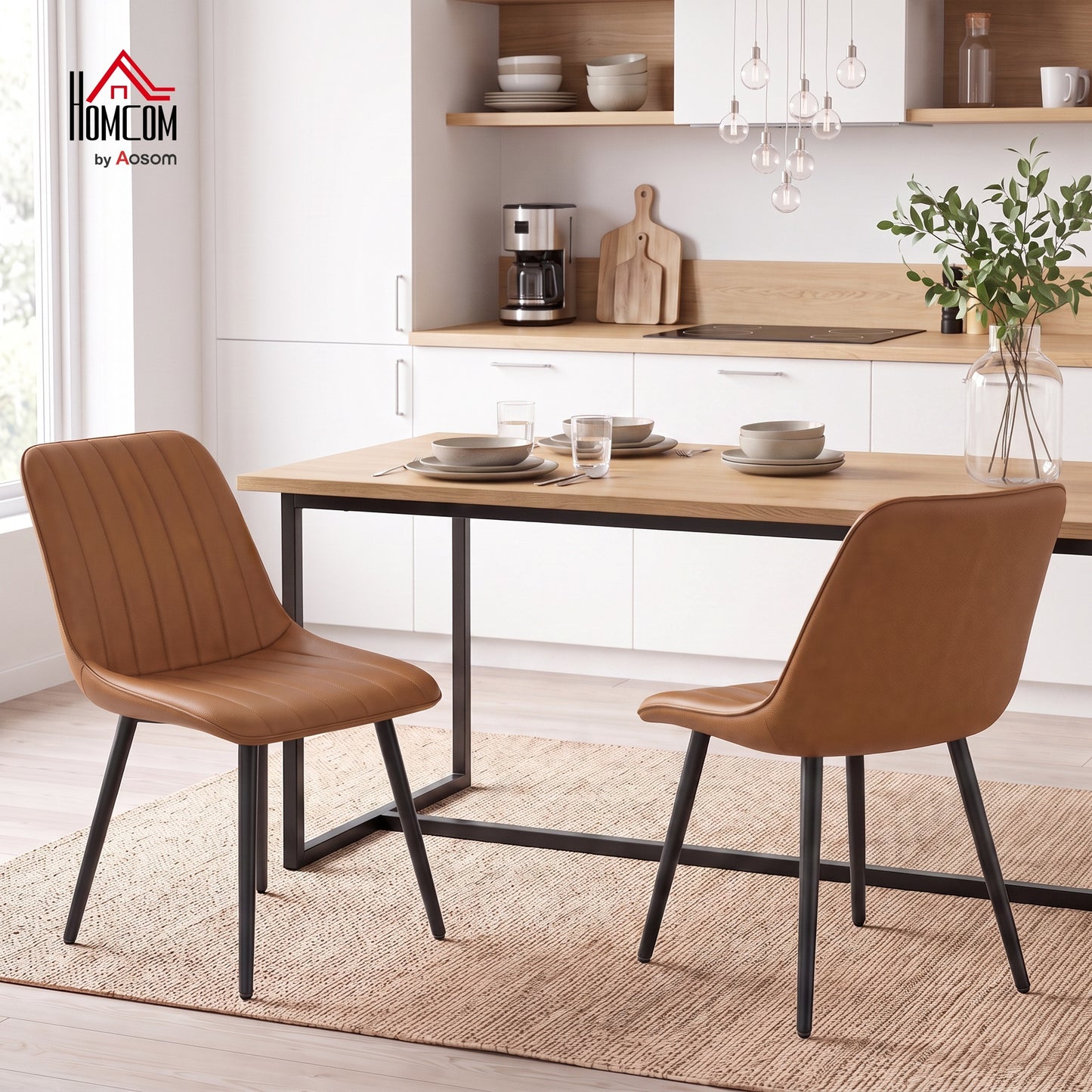 Faux Leather Upholstered Kitchen Chairs with Metal Legs, Brown