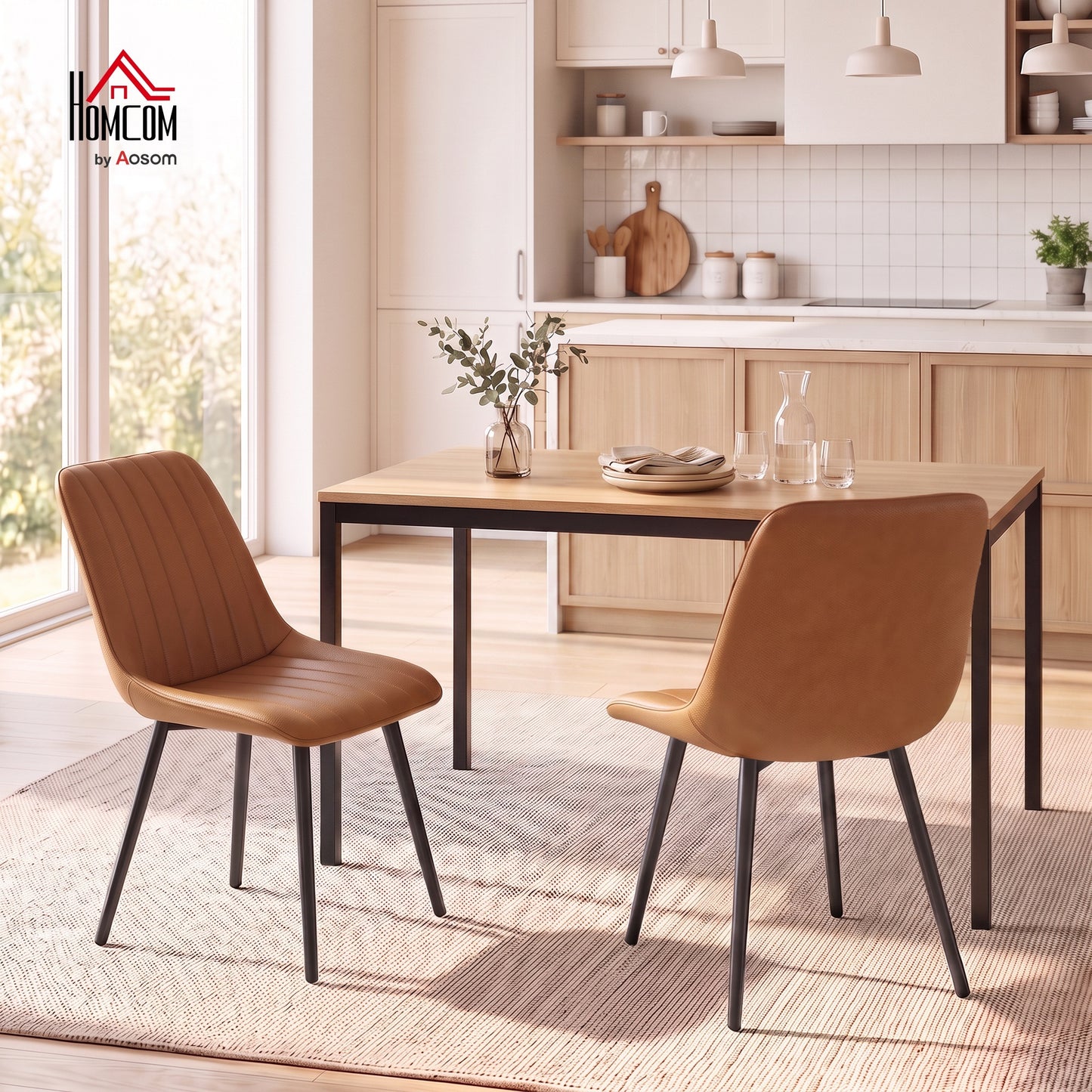 Faux Leather Upholstered Kitchen Chairs with Metal Legs, Brown