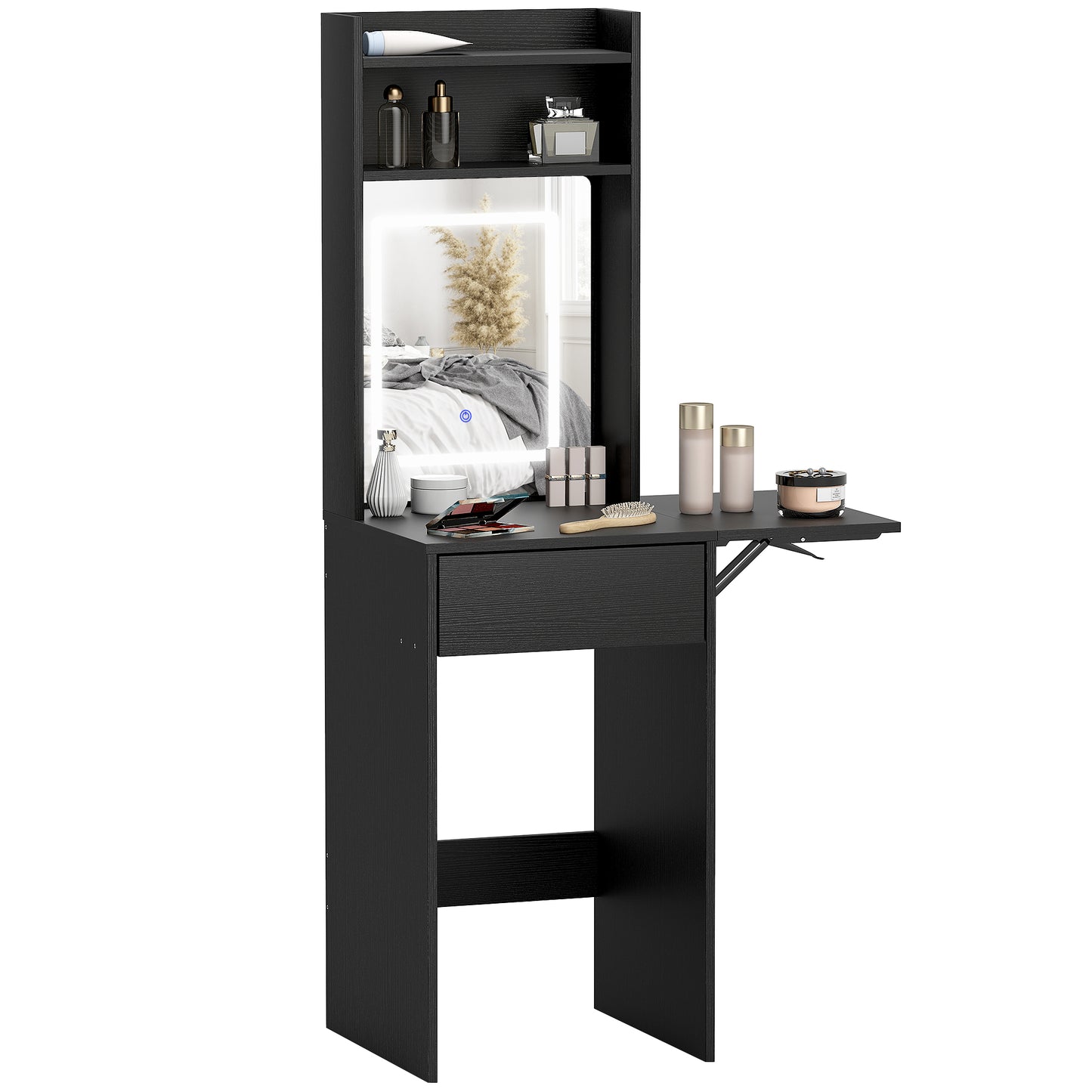 Compact Dressing Table with Lighted Mirror Open Shelves Drawer Black