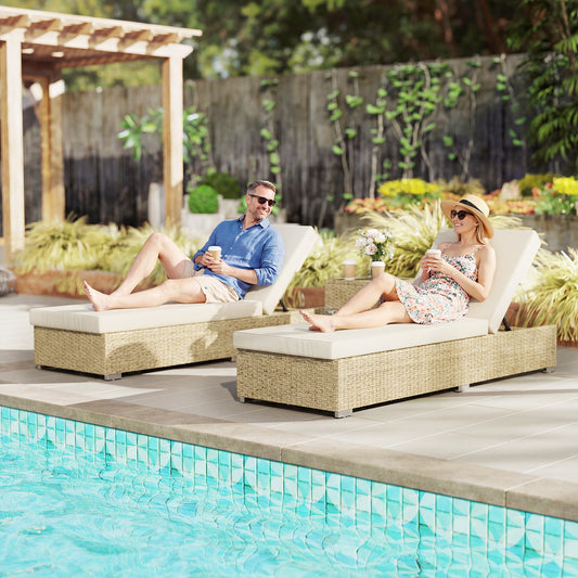 Rattan Sun Loungers Set of 2 with Side Table, Beige