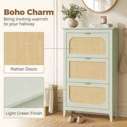Boho Slim Shoe Cabinet with Rattan Doors, Holds 21 Pairs, Green