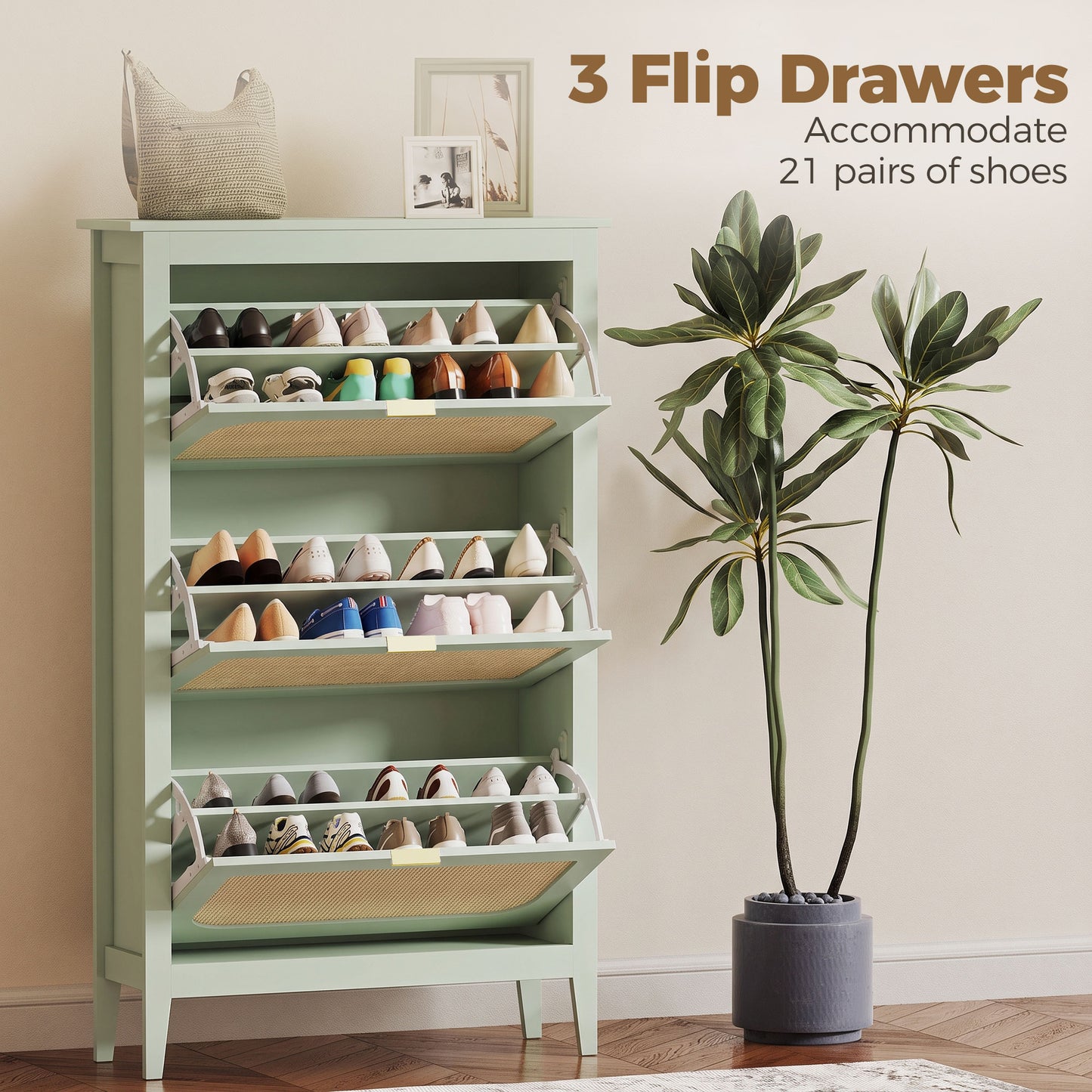 Boho Slim Shoe Cabinet with Rattan Doors, Holds 21 Pairs, Green