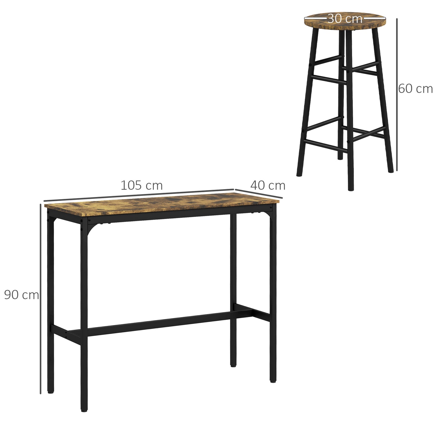 3 Piece Bar Set, Industrial Kitchen and Chair Set Rustic Brown