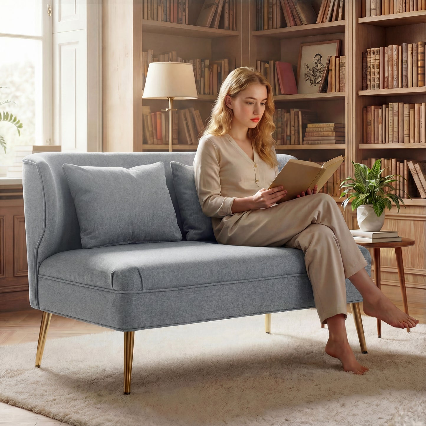 2 Seater Sofa, Small Sofa with Wing Back, Thick Seat, Light Grey