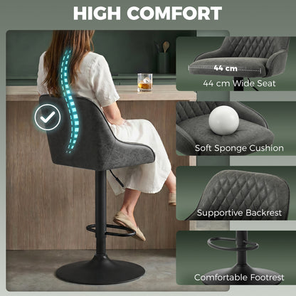 Breakfast Bar Stools Set of 2 with Wide Padded Seat, PU Leather Adjustable Swivel Bar Chairs, Modern Barstools with Footrest for Kitchen Island Counter, Home Bar, Dark Grey