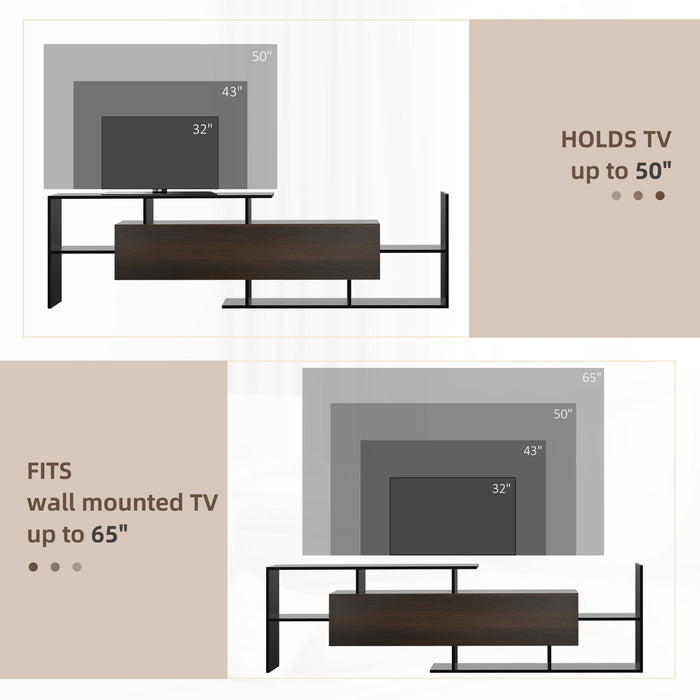 Modern TV Cabinet with Wall Shelf, TV Unit with Storage Shelf and Cabinet, for Wall-Mounted 65" TVs, Living Room Bedroom, Black and Brown